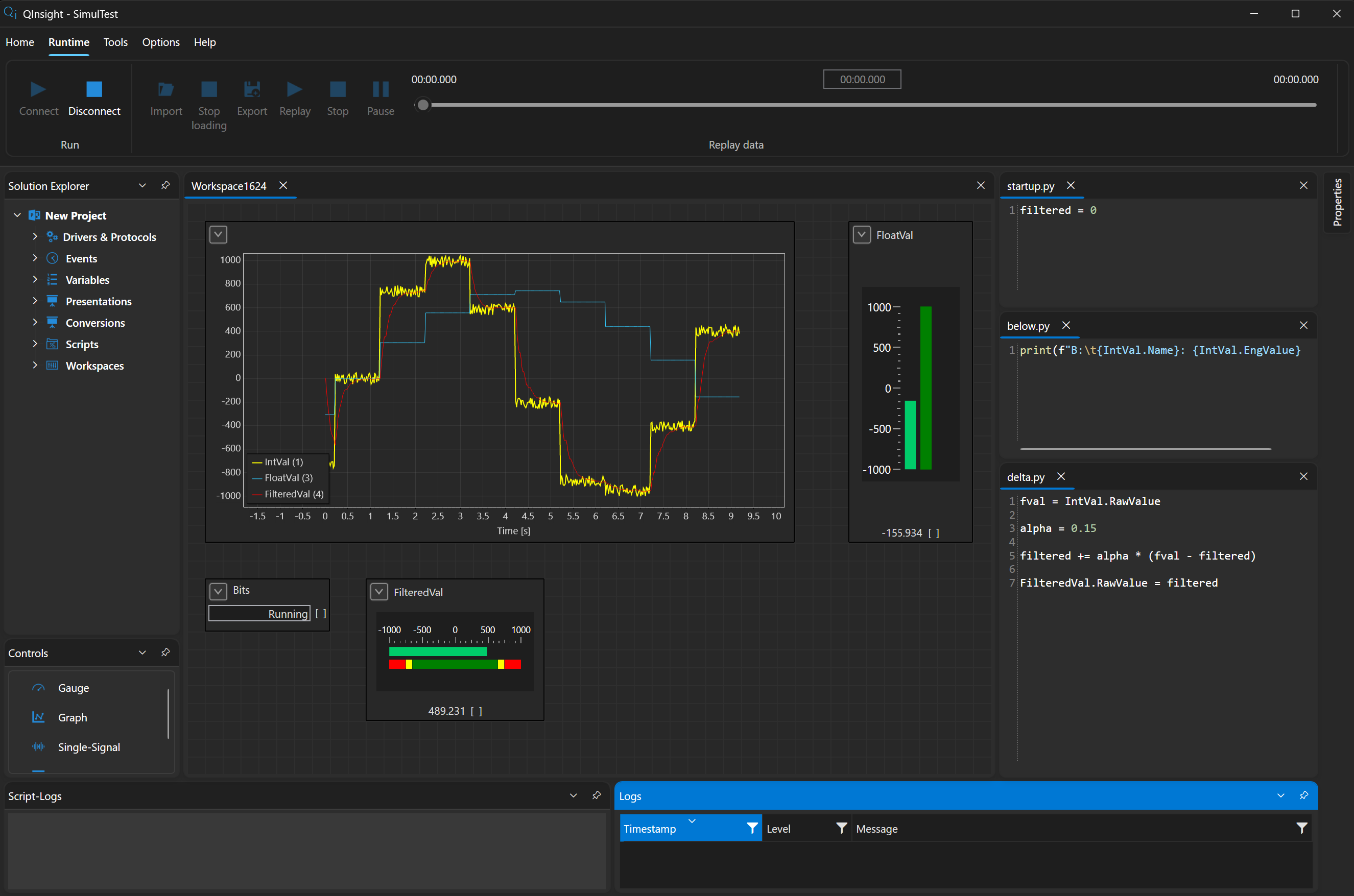 QInsight workspace during a live measurement